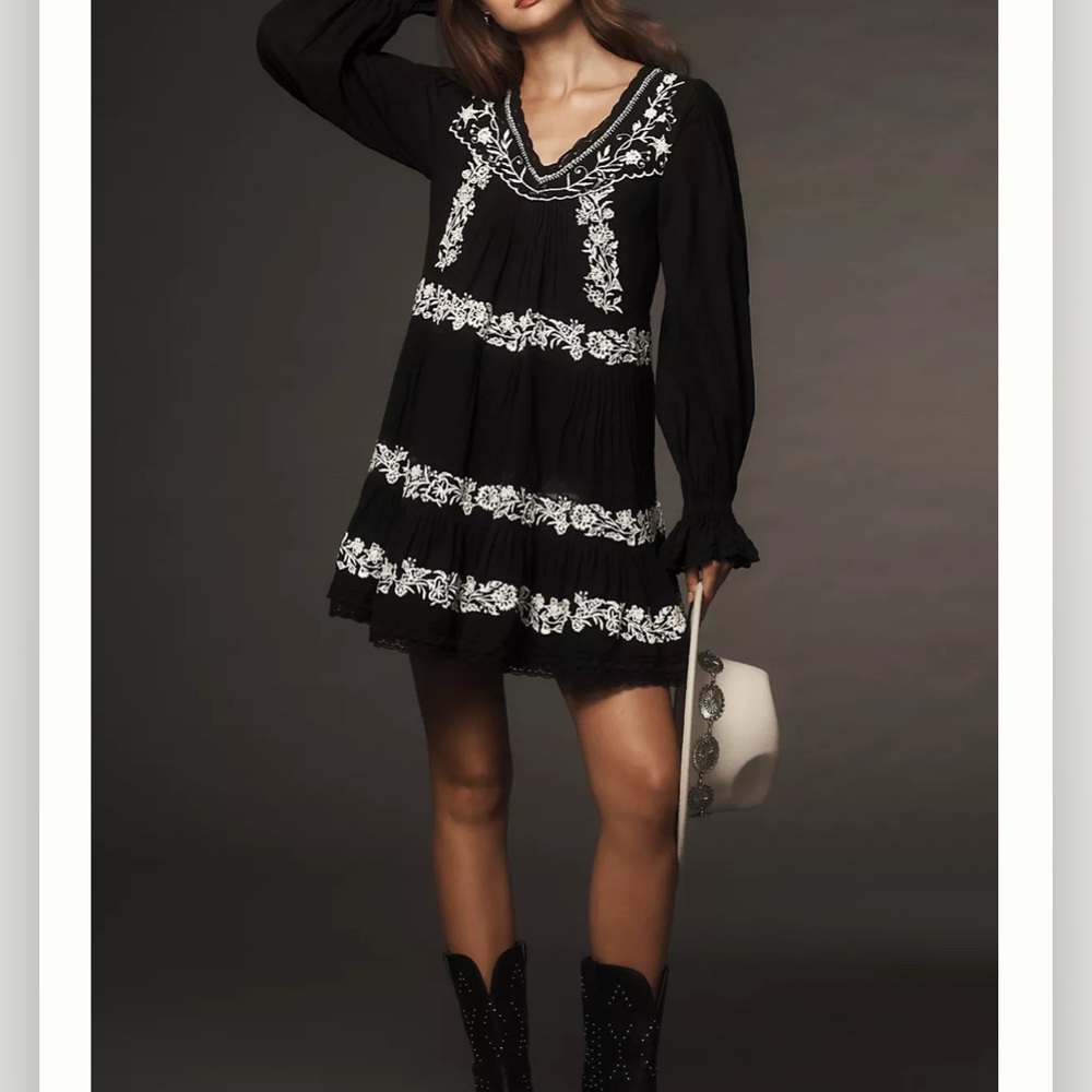 Anthropologie Black and White Embroidered Mini Dress